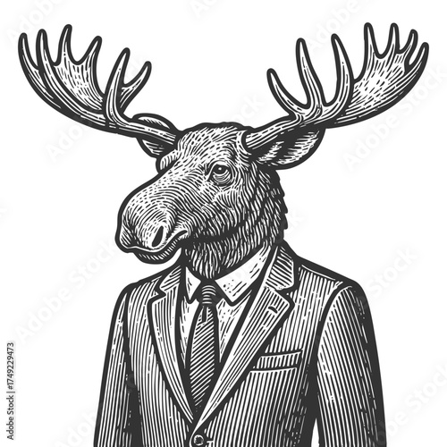 man in a suit with a moose head sketch engraving generative ai fictional character vector illustration. Scratch board imitation. Black and white image.