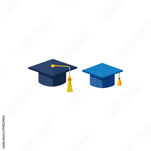 Two graduation caps, one dark blue with a gold tassel and one light blue with a yellow tassel, are isolated on a white background.