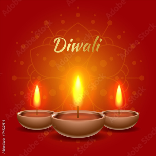Happy Diwali greeting card with diya lamps and mandala pattern. Traditional Indian festival of lights Shubh Deepavali. Vector illustration for festive digital and creative concepts