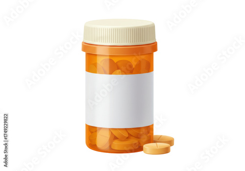Orange pill bottle with pills isolated, medication container with blank label for pharmacy, healthcare and medical use
