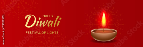 Happy Diwali horizontal banner with diya lamp and mandala patterns. Traditional Indian festival of lights Shubh Deepavali. Vector illustration for celebration and culture themes