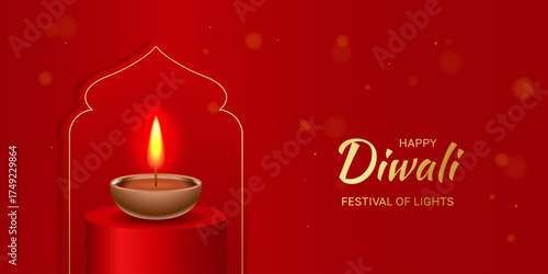 Happy Diwali horizontal banner with diya lamp and podium. Traditional Indian festival of lights Shubh Deepavali. Vector illustration for festive digital and creative concepts
