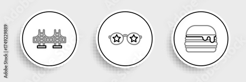 Set line Burger, Golden gate bridge and Glasses with stars icon. Vector