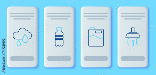 Set line Bottle of water, Big bottle with clean, Cloud rain and Shower icon. Vector