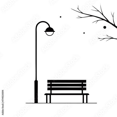 Street lamp and park bench silhouette vector