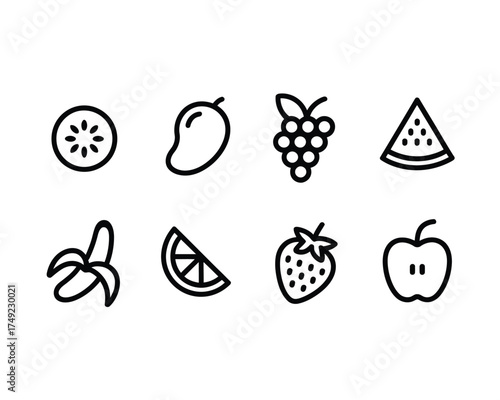 Minimalist fruit icons set black and white scalable vector graphics eps for design projects silhouette