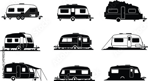 Travel trailer caravan vector illustration set showing nine different recreational vehicle designs with unique styles, camping features, windows, doors, and accessories