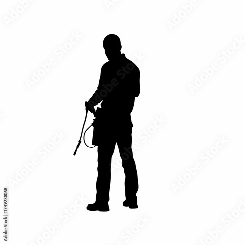 Silhouette of a worker sanitizing rehab equipment isolated on white background