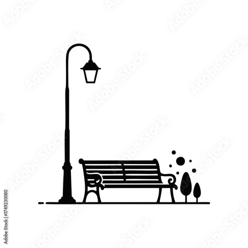 Street lamp and park bench silhouette vector