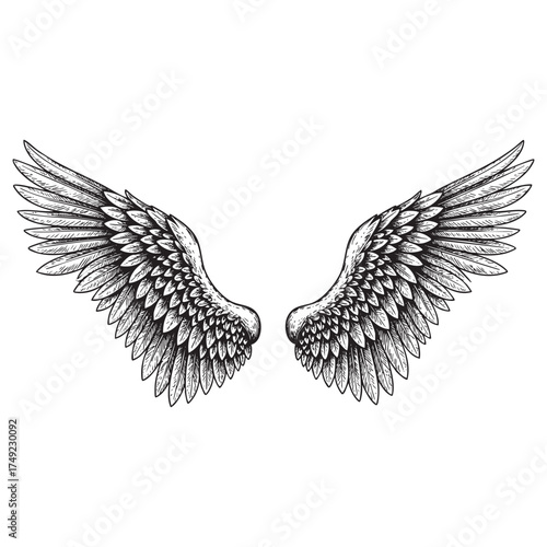 Angel Wings Spreading, Feathered Wings engraving vector illustration