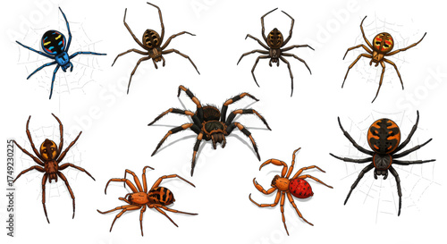 Collection of Various Spiders Isolated on White Background, Illustrating Arachnid Diversity and Features