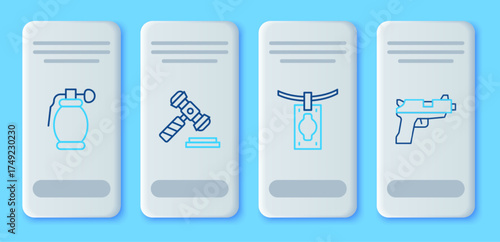 Set line Judge gavel, Money laundering, Hand grenade and Pistol or gun icon. Vector