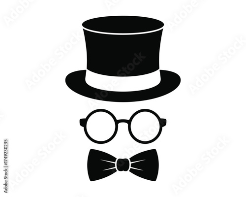 Minimalist black and white illustration of top hat glasses and bow tie vector graphic eps silhouette