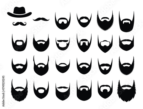 Collection of 24 black and white vector beard styles and mustache illustrations for eps download silhouette