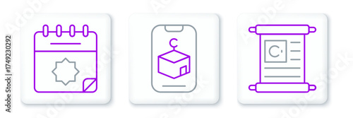 Set line Holy book of Koran, Ramadan calendar and Star and crescent icon. Vector