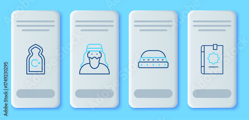 Set line Muslim man, hat for prayer, Mosque and Holy book of Koran icon. Vector