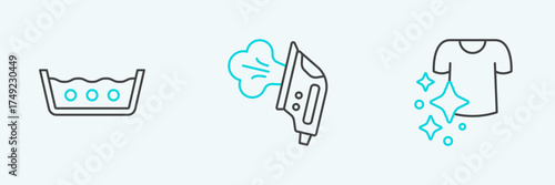 Set line Drying clothes, Temperature wash and Electric iron icon. Vector