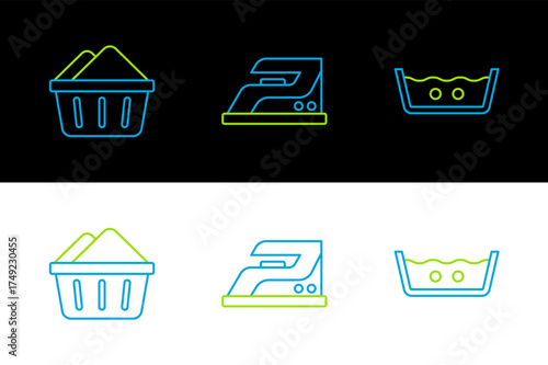 Set line Temperature wash, Basin with soap suds and Electric iron icon. Vector