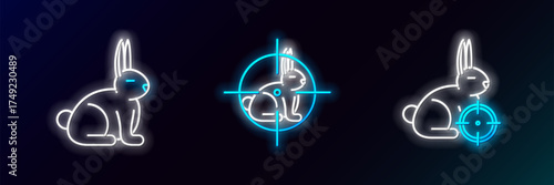 Set line Hunt on rabbit with crosshairs, Rabbit and icon. Glowing neon. Vector