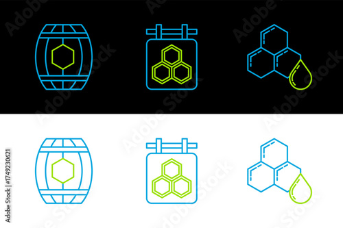 Set line Honeycomb, Wooden barrel with honey and Hanging sign honeycomb icon. Vector