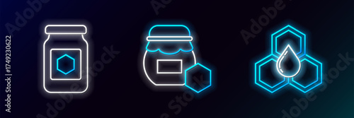 Set line Honeycomb, Jar of honey and icon. Glowing neon. Vector