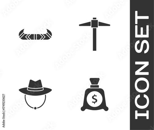 Set Money bag, Kayak or canoe and paddle, Western cowboy hat and Pickaxe icon. Vector