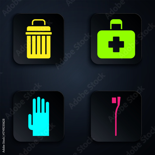 Set Toothbrush, Trash can, Rubber gloves and First aid kit. Black square button. Vector