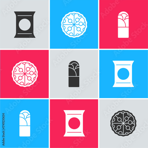 Set Bag or packet potato chips, Pizza and Doner kebab icon. Vector