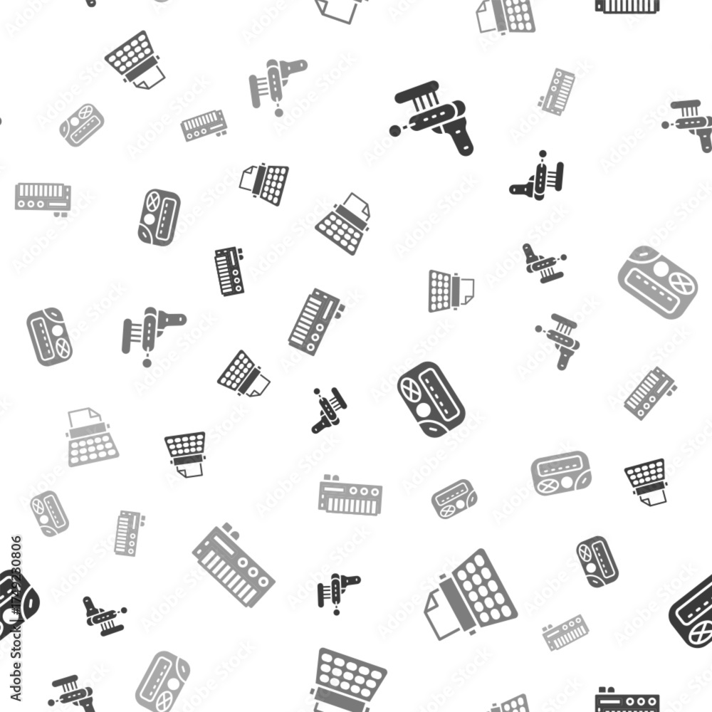 Fototapeta premium Set Ray gun, Retro typewriter, Pager and Music synthesizer on seamless pattern. Vector