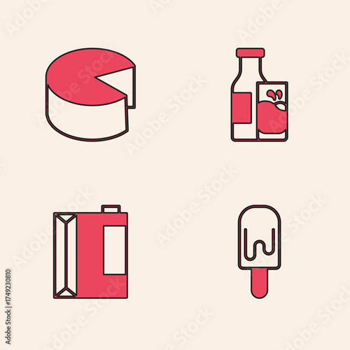 Set Ice cream, Cheese, Bottle milk and glass and Paper package for kefir icon. Vector