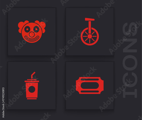 Set Circus ticket, Clown head, Unicycle or one wheel bicycle and Paper glass with water icon. Vector