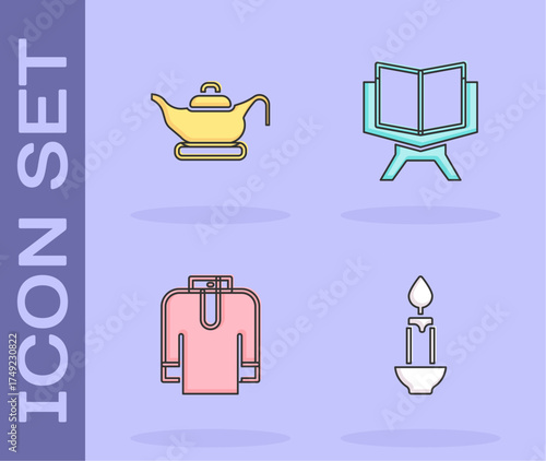 Set Burning candle, Oil lamp, Shirt kurta and Holy book of Koran icon. Vector