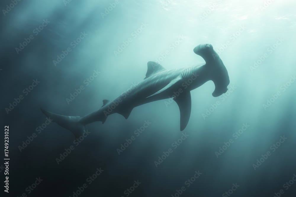 Obraz premium Dramatic underwater life scene featuring a hammerhead shark in the depths