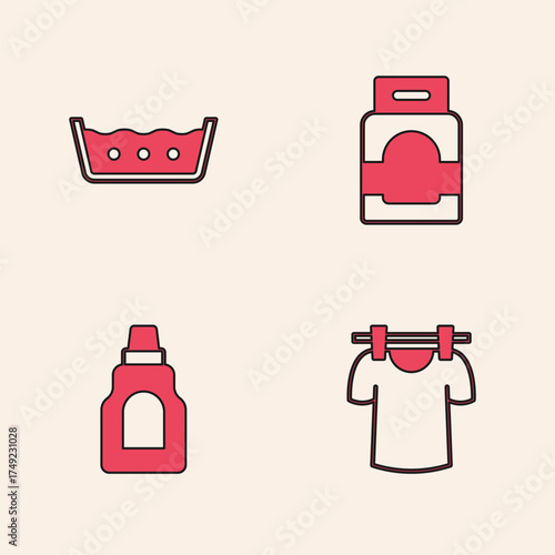 Set Drying clothes, Temperature wash, Laundry detergent and Bottle for cleaning agent icon. Vector