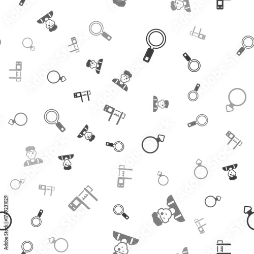 Set Magnifying glass, Jeweler man, Diamond engagement ring and Calliper or caliper and scale on seamless pattern. Vector