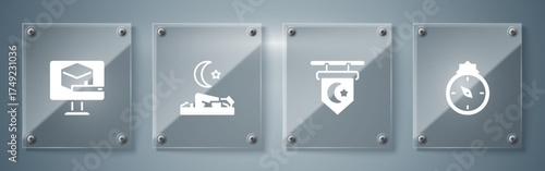 Set Qibla, Star and crescent, Muslim man prays and Kaaba mosque. Square glass panels. Vector