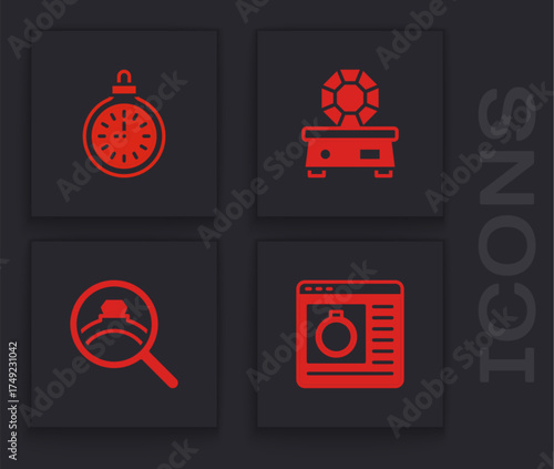 Set Jewelry online shopping, Pocket watch, Gem stone and Diamond engagement ring icon. Vector