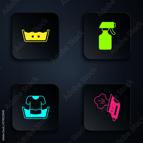 Set Electric iron, Temperature wash, Basin with shirt and Water spray bottle. Black square button. Vector