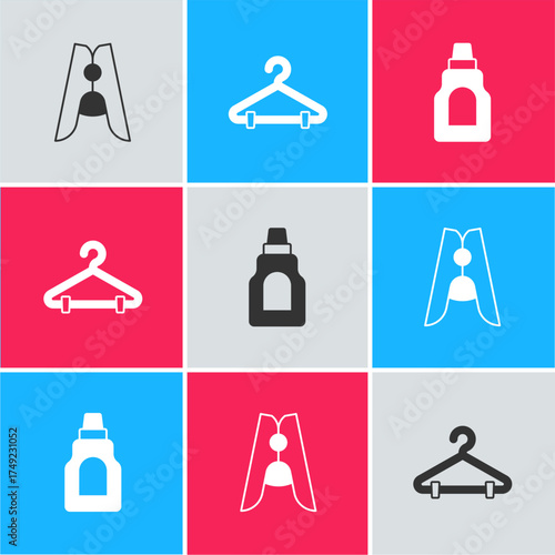 Set Clothes pin, Hanger wardrobe and Bottle for cleaning agent icon. Vector