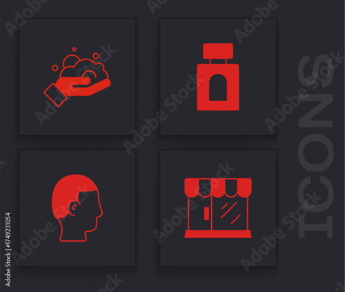 Set Barbershop building, Shaving foam on hand, Aftershave and Hairstyle for men icon. Vector