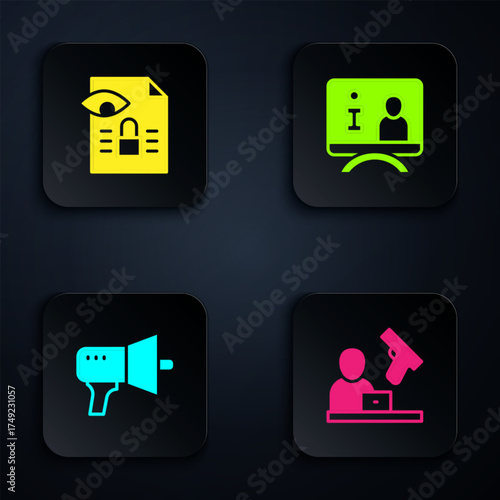 Set Crime news, Journalistic investigation, Megaphone and Television report. Black square button. Vector