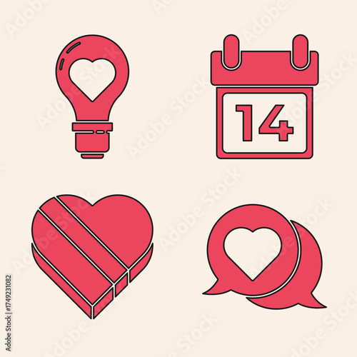Set Heart in speech bubble, Heart shape in a light bulb, Calendar with February 14 and Candy in heart shaped box icon. Vector
