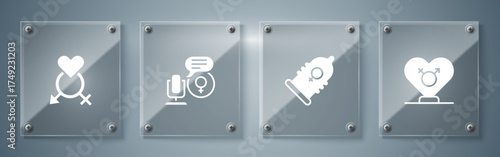 Set Gender, Condom, Microphone and . Square glass panels. Vector
