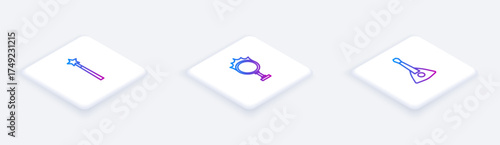 Set Isometric line Magic wand, Circus fire hoop and Balalaika. White square button. Vector