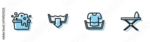 Set line Basin with shirt, soap suds, Washing modes and Iron and ironing board icon. Vector