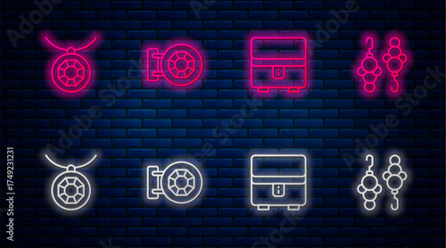 Set line Jewelry store, box, Pendant on necklace and Earrings. Glowing neon icon on brick wall. Vector
