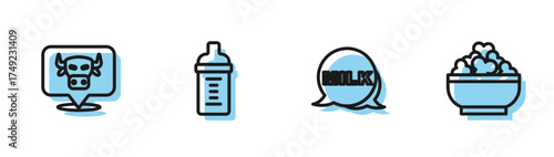 Set line Lettering milk, Cow head, Baby bottle and Cottage cheese icon. Vector