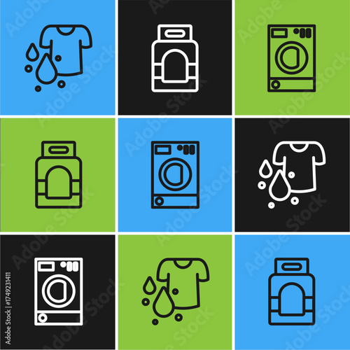 Set line Dirty t-shirt, Washer and Laundry detergent icon. Vector