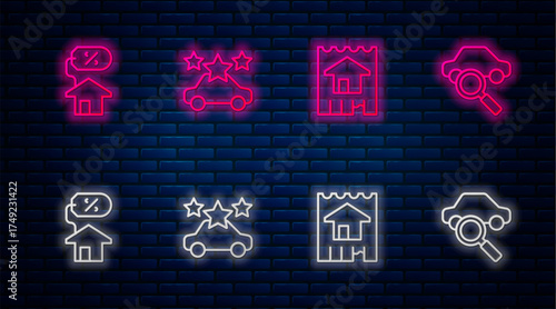 Set line Car sharing, House, with percant and . Glowing neon icon on brick wall. Vector