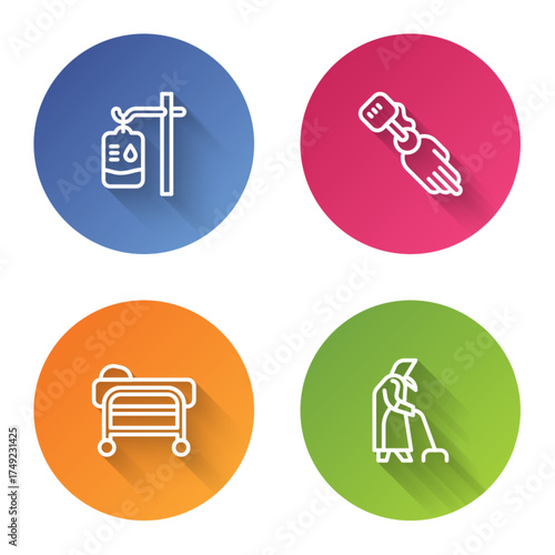 Set line IV bag, Prosthesis hand, Stretcher and Grandmother. Color circle button. Vector